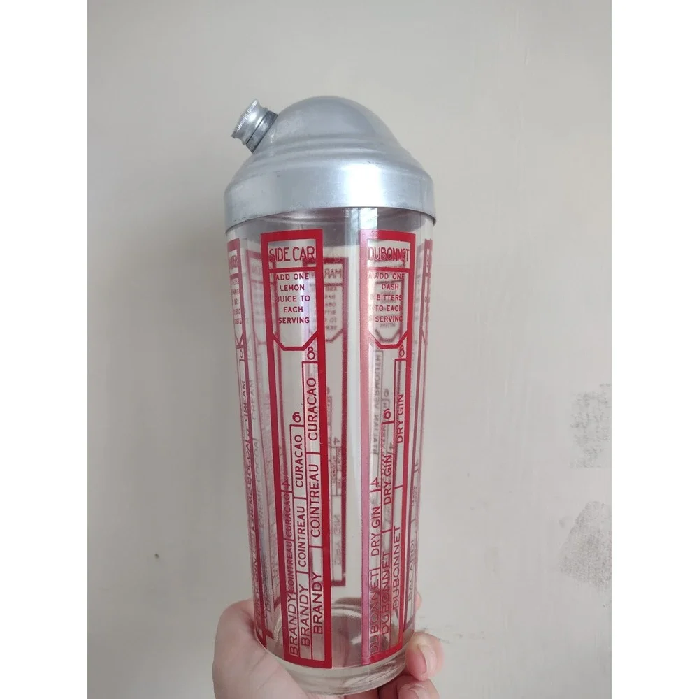 Vtg 50s 60s MCM Cocktail Shaker Red Large Recipe Bar Liquor Bronx Manhattan